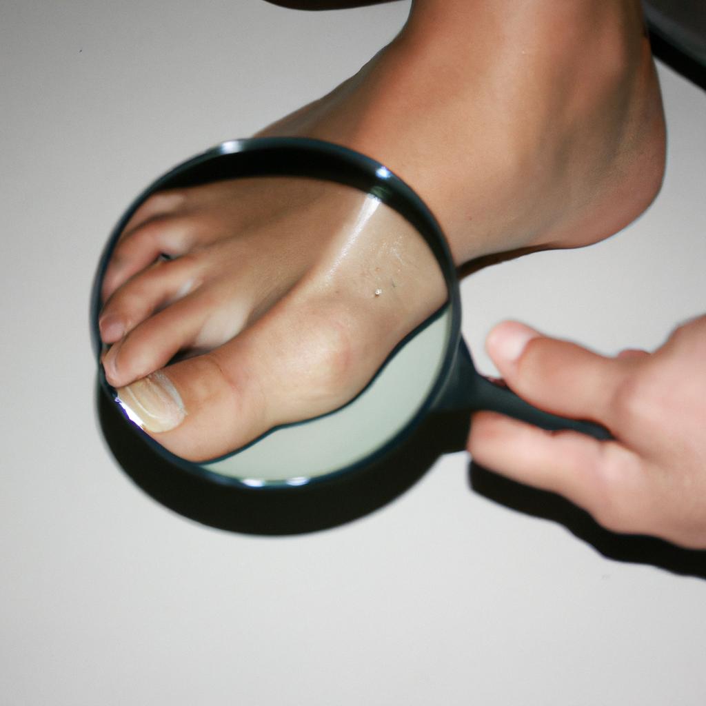 Person examining foot with magnifying glass