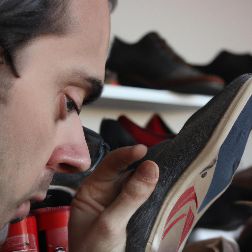 Person inspecting shoe materials