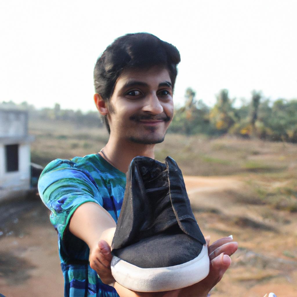 Person holding a shoe, smiling